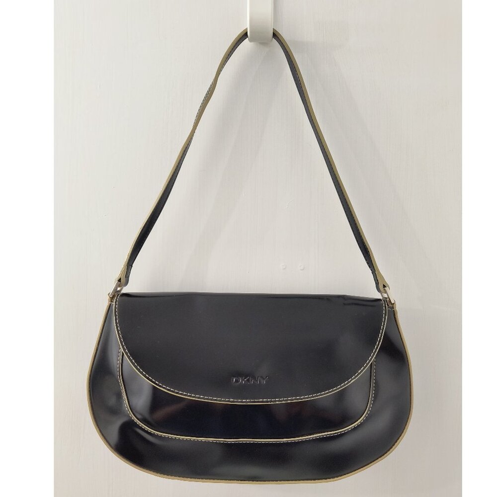 NWOT - Vintage Y2K DKNY Black Patent Leather Shiny Shoulder Bag Purse